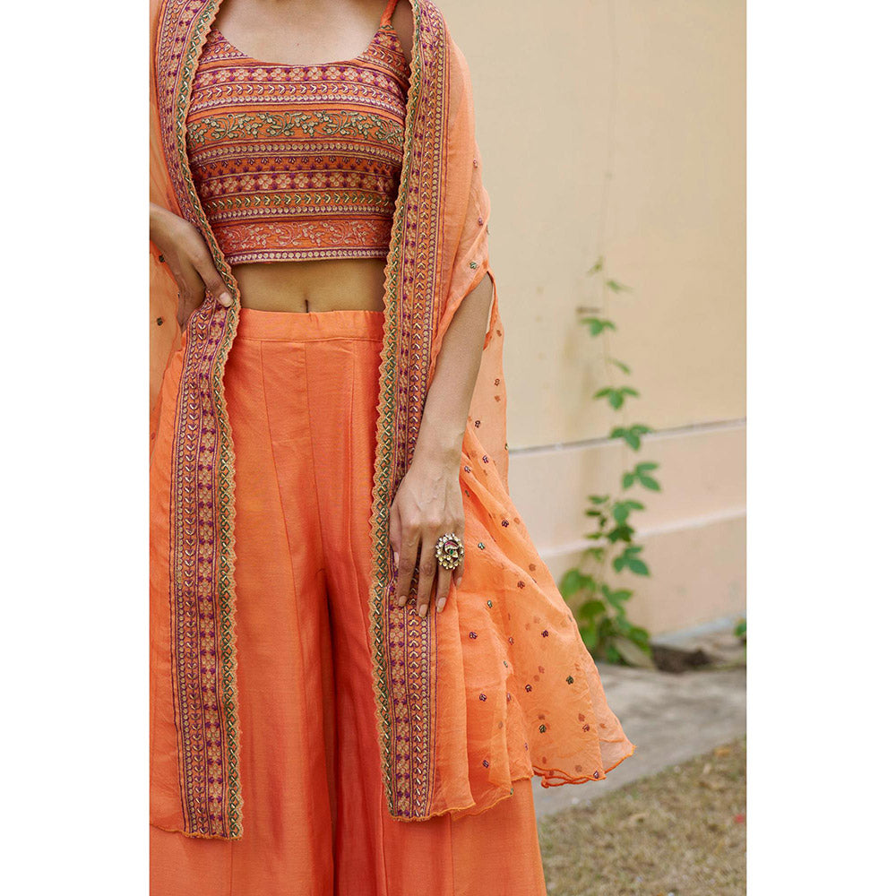 Naaz By Noor Kikli Orange Embroidered Crop Top with Palazzo and Dupatta (Set of 3)