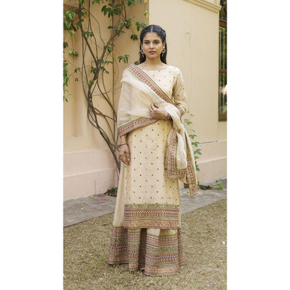 Naaz By Noor Kikli Cream Embroidered Kurta with Sharara and Dupatta (Set of 3)