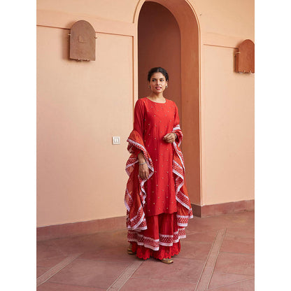 Naaz By Noor Kikli Crimson Red Embroidered Kurta with Sharara and Dupatta (Set of 3)