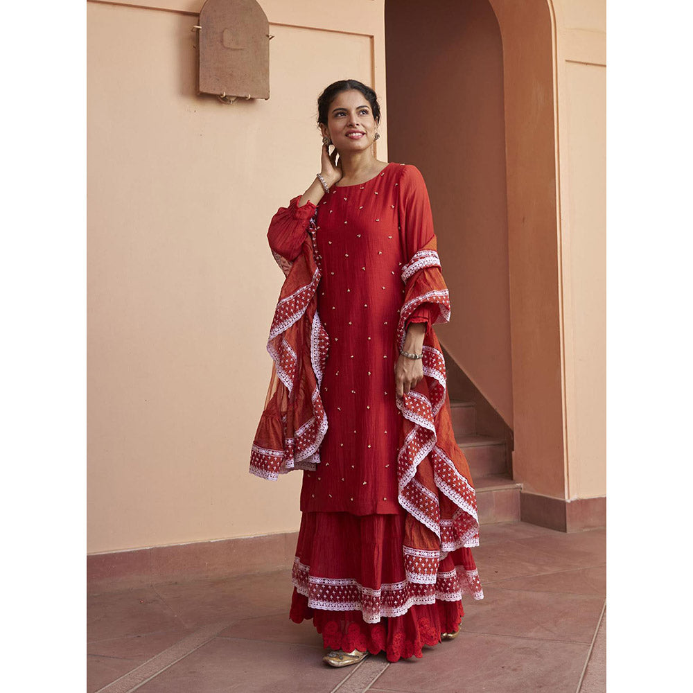 Naaz By Noor Kikli Crimson Red Embroidered Kurta with Sharara and Dupatta (Set of 3)