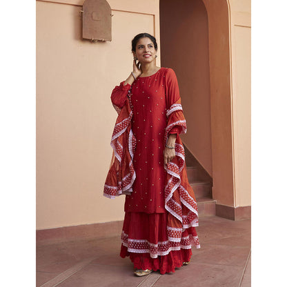 Naaz By Noor Kikli Crimson Red Embroidered Kurta with Sharara and Dupatta (Set of 3)