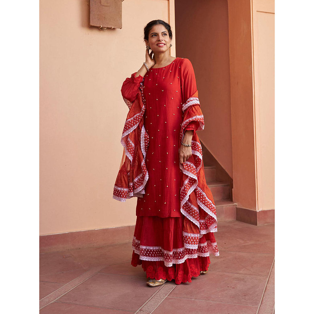 Naaz By Noor Kikli Crimson Red Embroidered Kurta with Sharara and Dupatta (Set of 3)