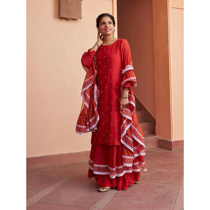Naaz By Noor Kikli Crimson Red Embroidered Kurta with Sharara and Dupatta (Set of 3)
