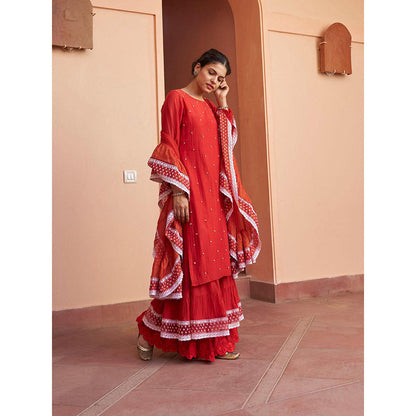 Naaz By Noor Kikli Crimson Red Embroidered Kurta with Sharara and Dupatta (Set of 3)