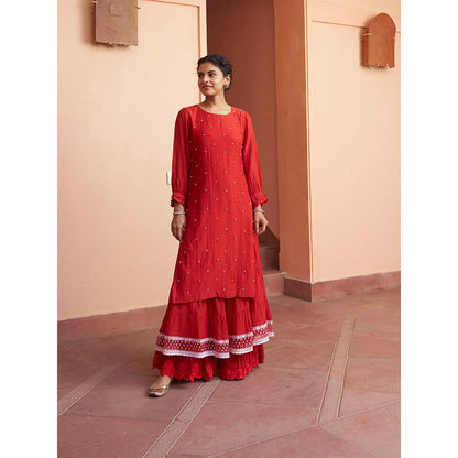 Naaz By Noor Kikli Crimson Red Embroidered Kurta with Sharara and Dupatta (Set of 3)