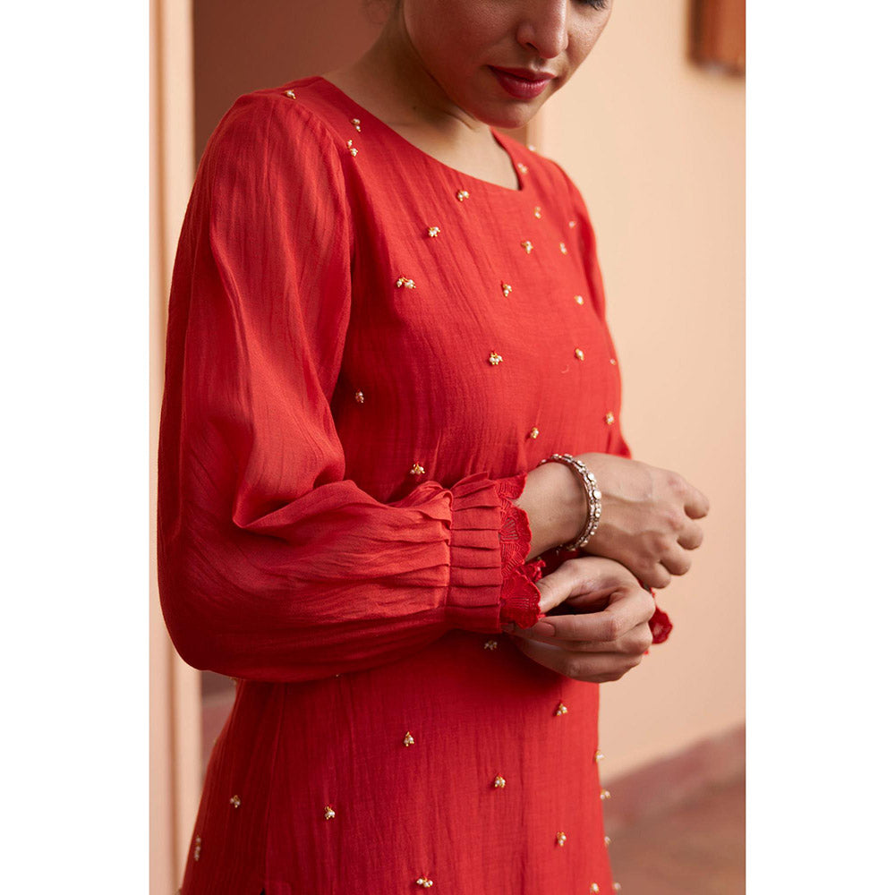 Naaz By Noor Kikli Crimson Red Embroidered Kurta with Sharara and Dupatta (Set of 3)