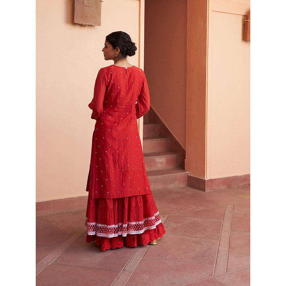 Naaz By Noor Kikli Crimson Red Embroidered Kurta with Sharara and Dupatta (Set of 3)