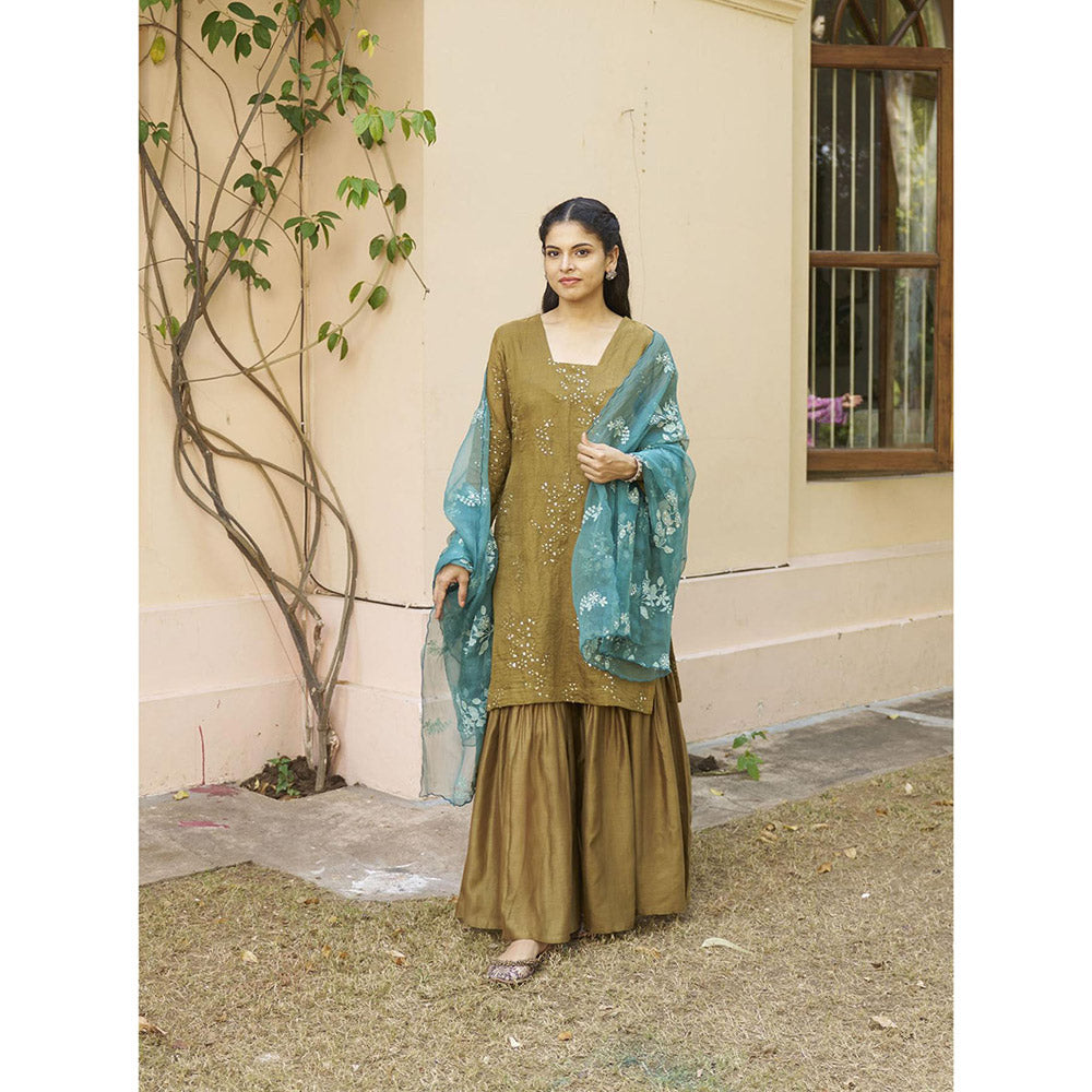 Naaz By Noor Kikli Olive Embroidered Kurta with Sharara and Dupatta (Set of 3)