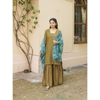 Naaz By Noor Kikli Olive Embroidered Kurta with Sharara and Dupatta (Set of 3)