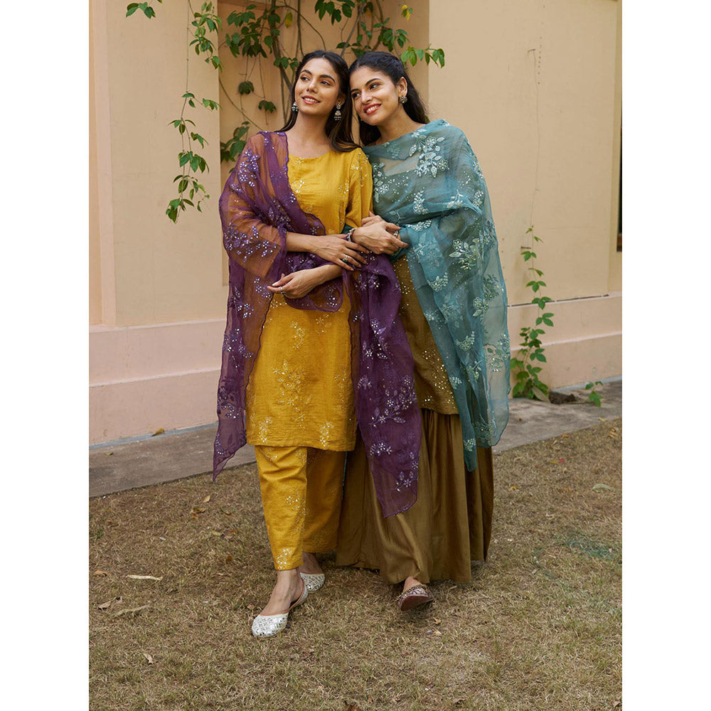 Naaz By Noor Kikli Olive Embroidered Kurta with Sharara and Dupatta (Set of 3)