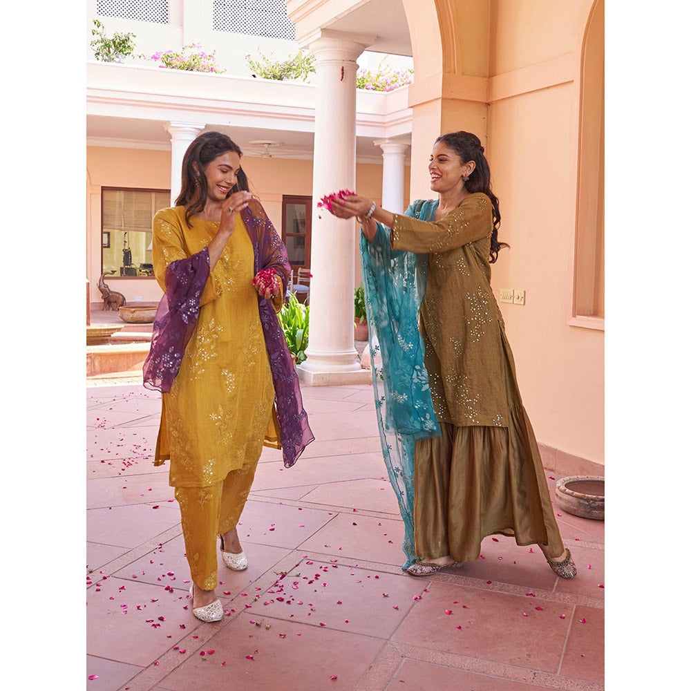 Naaz By Noor Kikli Olive Embroidered Kurta with Sharara and Dupatta (Set of 3)