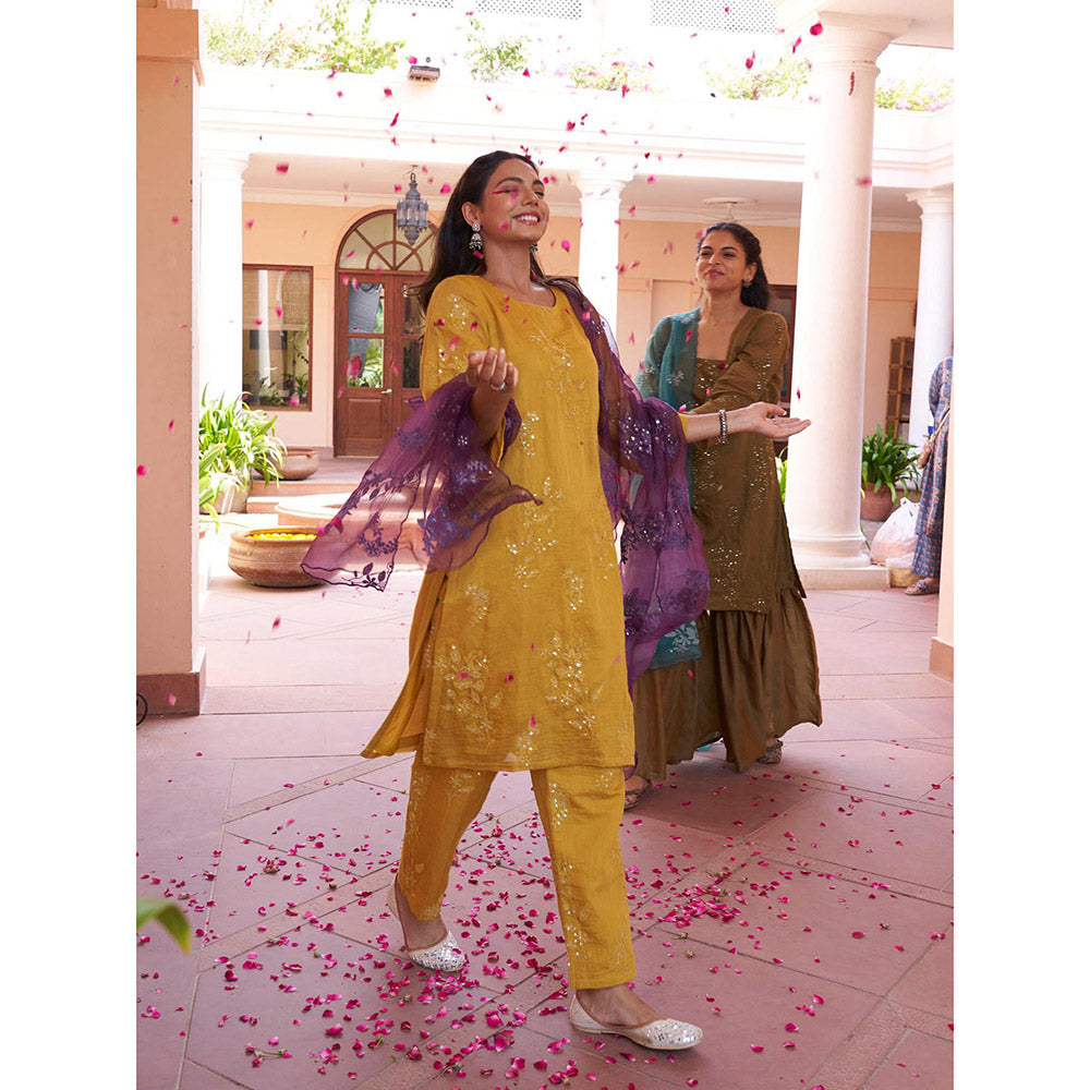 Naaz By Noor Kikli Olive Embroidered Kurta with Sharara and Dupatta (Set of 3)