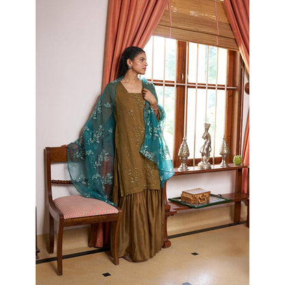 Naaz By Noor Kikli Olive Embroidered Kurta with Sharara and Dupatta (Set of 3)