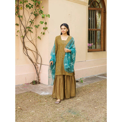 Naaz By Noor Kikli Olive Embroidered Kurta with Sharara and Dupatta (Set of 3)