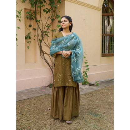 Naaz By Noor Kikli Olive Embroidered Kurta with Sharara and Dupatta (Set of 3)