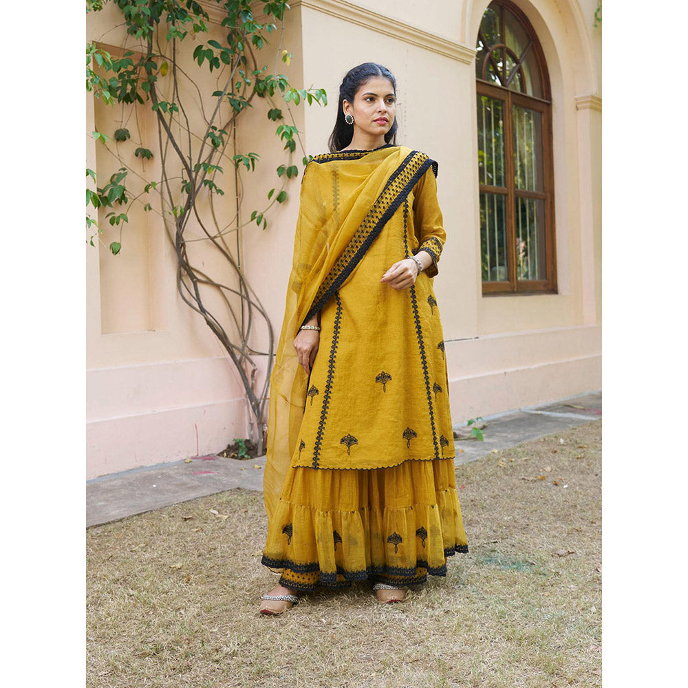 Naaz By Noor Kikli Golden Mustard Embroidered Kurta with Sharara and Dupatta (Set of 3)