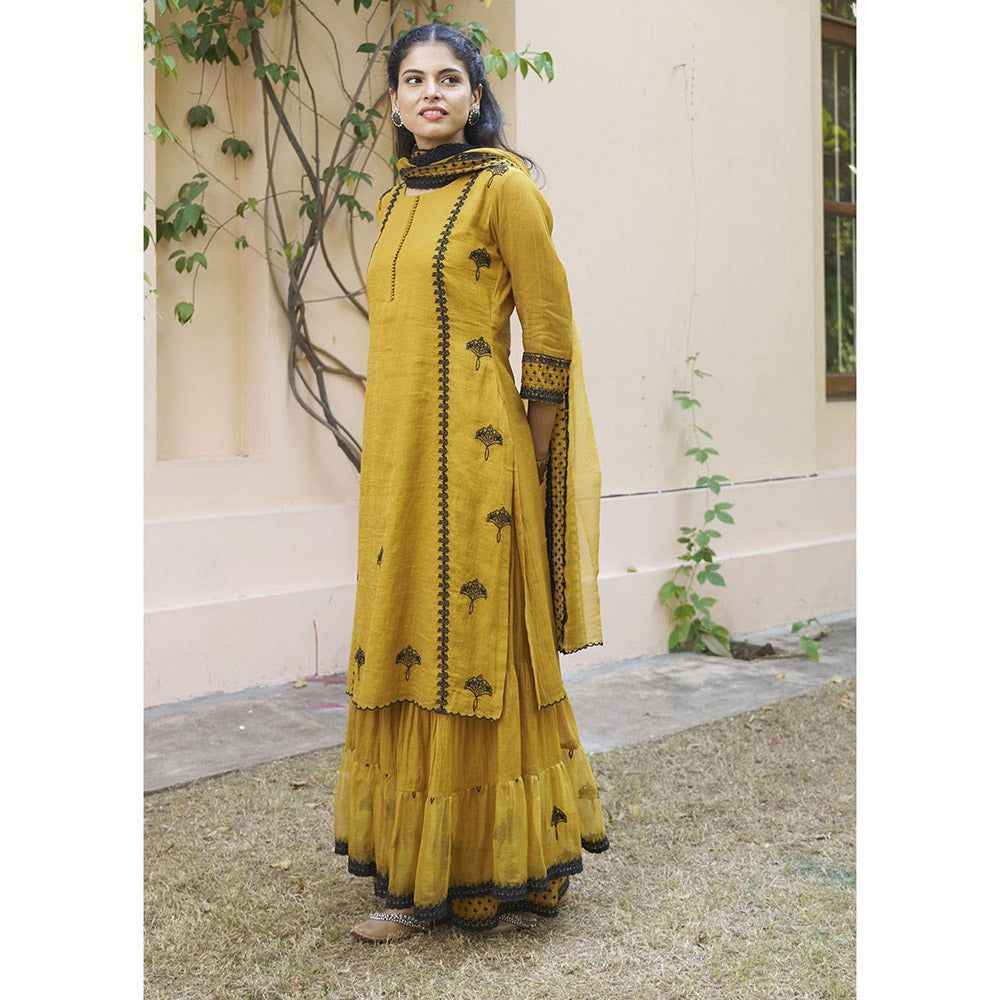 Naaz By Noor Kikli Golden Mustard Embroidered Kurta with Sharara and Dupatta (Set of 3)