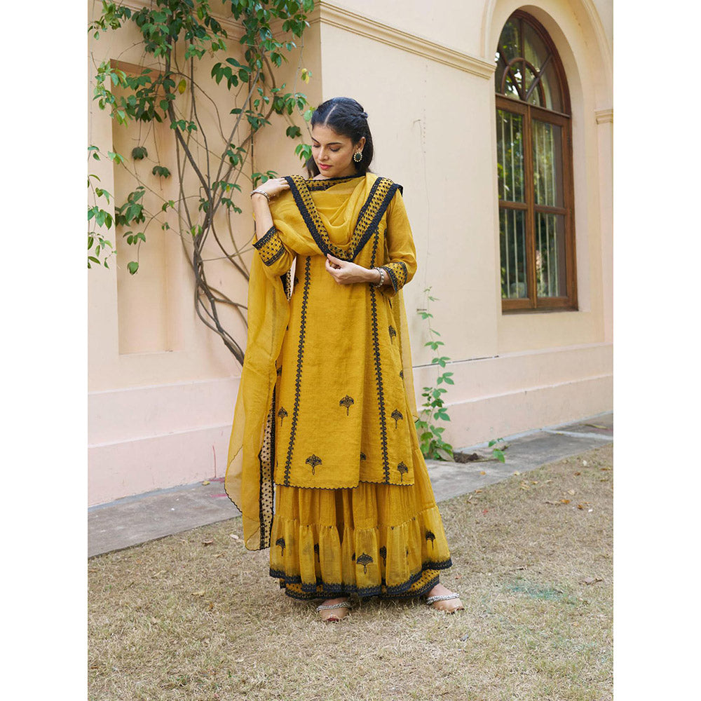 Naaz By Noor Kikli Golden Mustard Embroidered Kurta with Sharara and Dupatta (Set of 3)