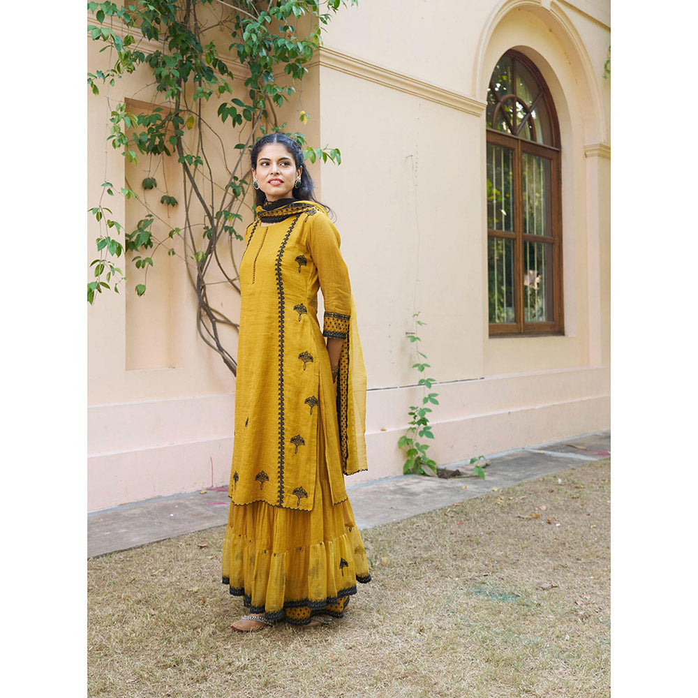 Naaz By Noor Kikli Golden Mustard Embroidered Kurta with Sharara and Dupatta (Set of 3)