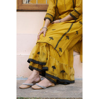Naaz By Noor Kikli Golden Mustard Embroidered Kurta with Sharara and Dupatta (Set of 3)