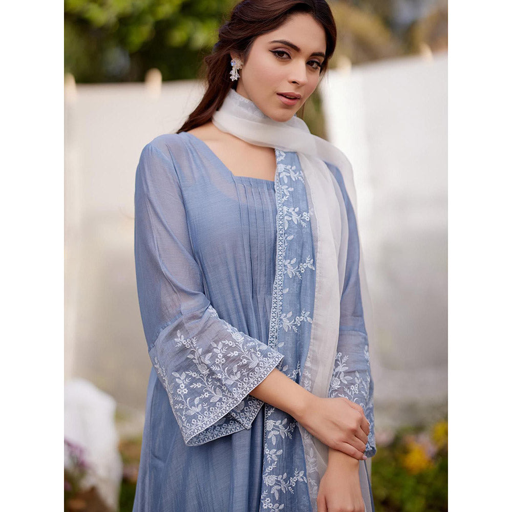 Naaz By Noor Blue African Lily Kurta with Pant and Dupatta (Set of 3)