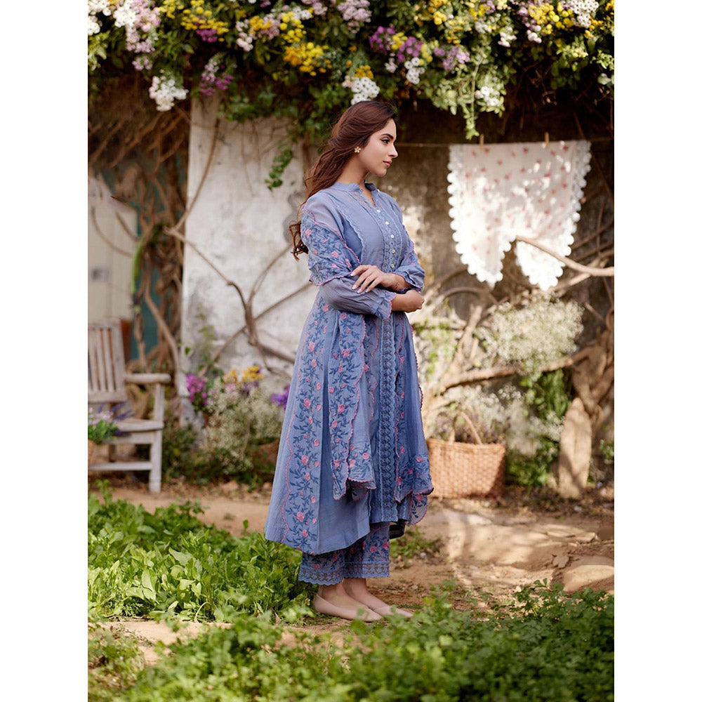 Naaz By Noor Blue African Lily Kurta with Pant and Dupatta (Set of 3)