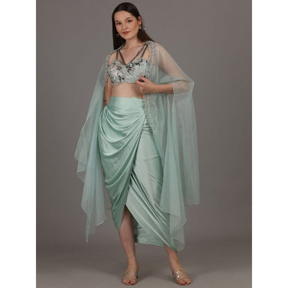 NAMAH BY PARUL MONGIA Ice Blue Embroidered Bralette with Skirt & Cape (Set of 3)
