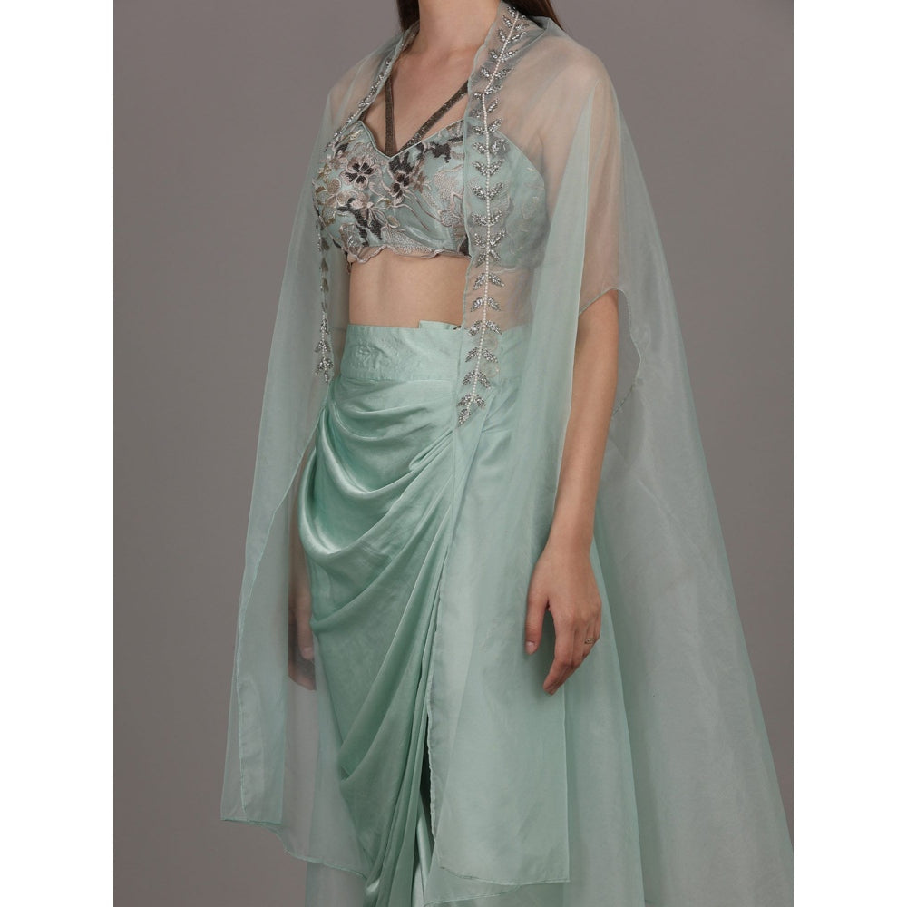 NAMAH BY PARUL MONGIA Ice Blue Embroidered Bralette with Skirt & Cape (Set of 3)
