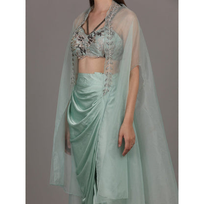 NAMAH BY PARUL MONGIA Ice Blue Embroidered Bralette with Skirt & Cape (Set of 3)