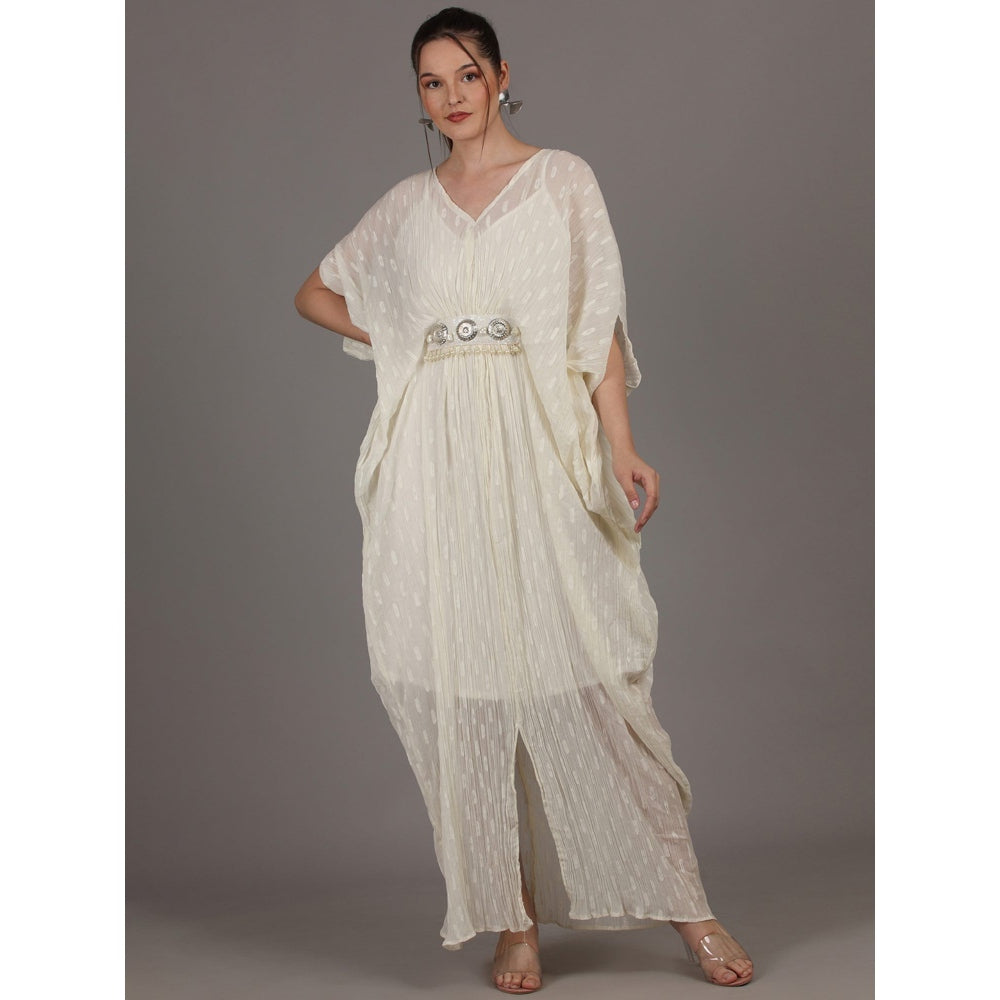 NAMAH BY PARUL MONGIA Off White Crinkle Cotton Chiffon Kaftan Dress with Slip (Set of 2)