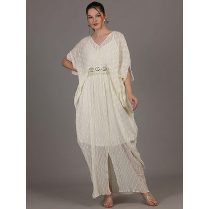 NAMAH BY PARUL MONGIA Off White Crinkle Cotton Chiffon Kaftan Dress with Slip (Set of 2)