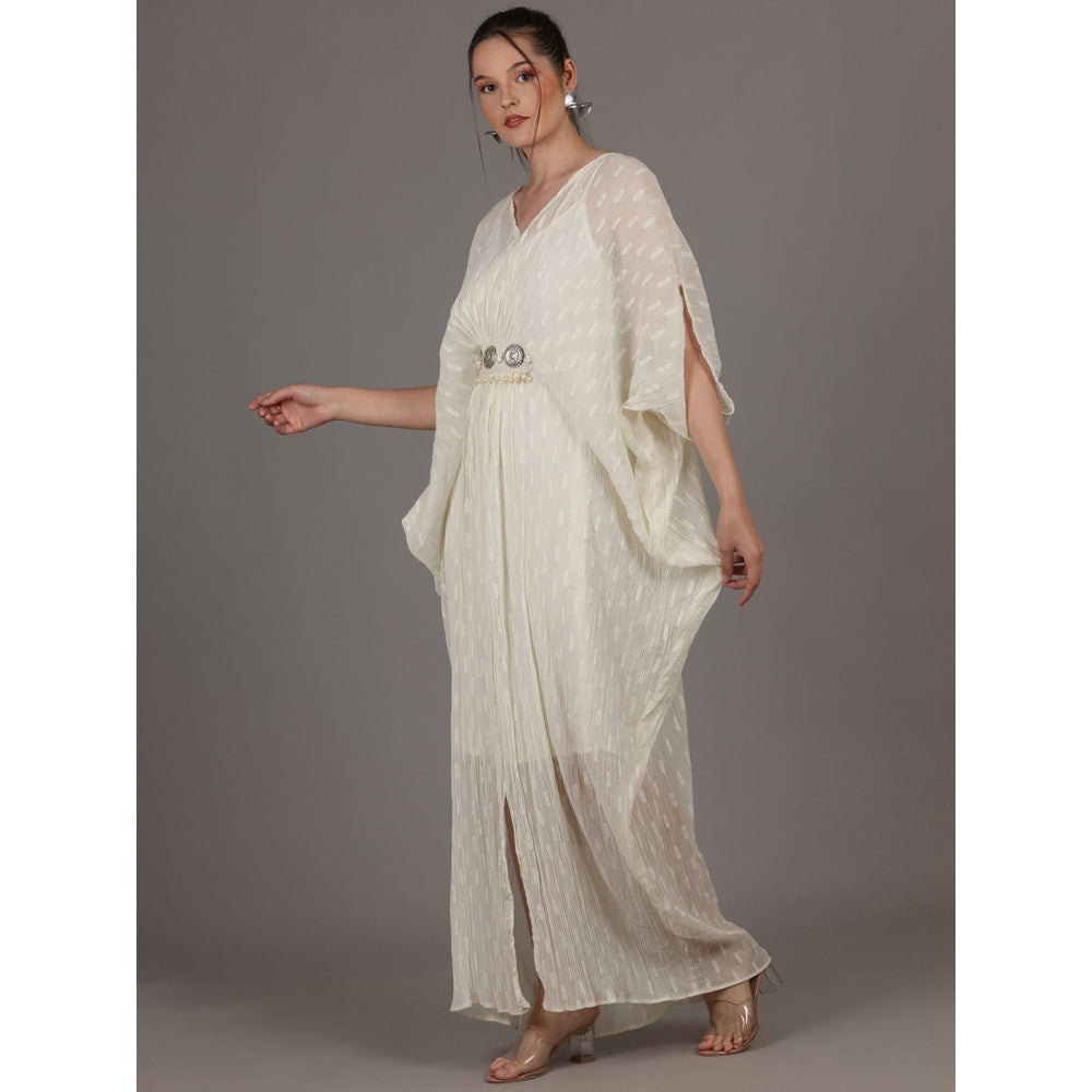 NAMAH BY PARUL MONGIA Off White Crinkle Cotton Chiffon Kaftan Dress with Slip (Set of 2)