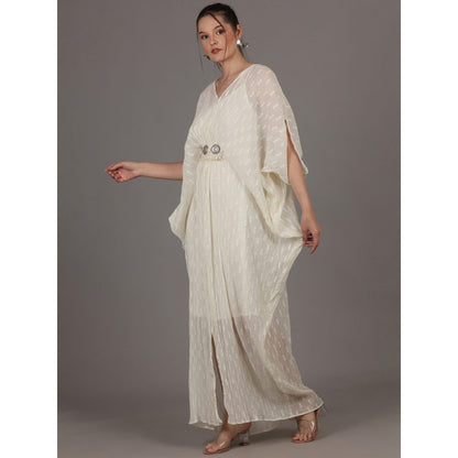 NAMAH BY PARUL MONGIA Off White Crinkle Cotton Chiffon Kaftan Dress with Slip (Set of 2)