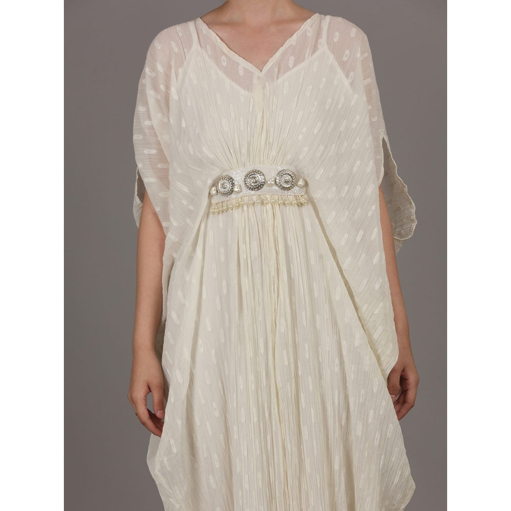 NAMAH BY PARUL MONGIA Off White Crinkle Cotton Chiffon Kaftan Dress with Slip (Set of 2)