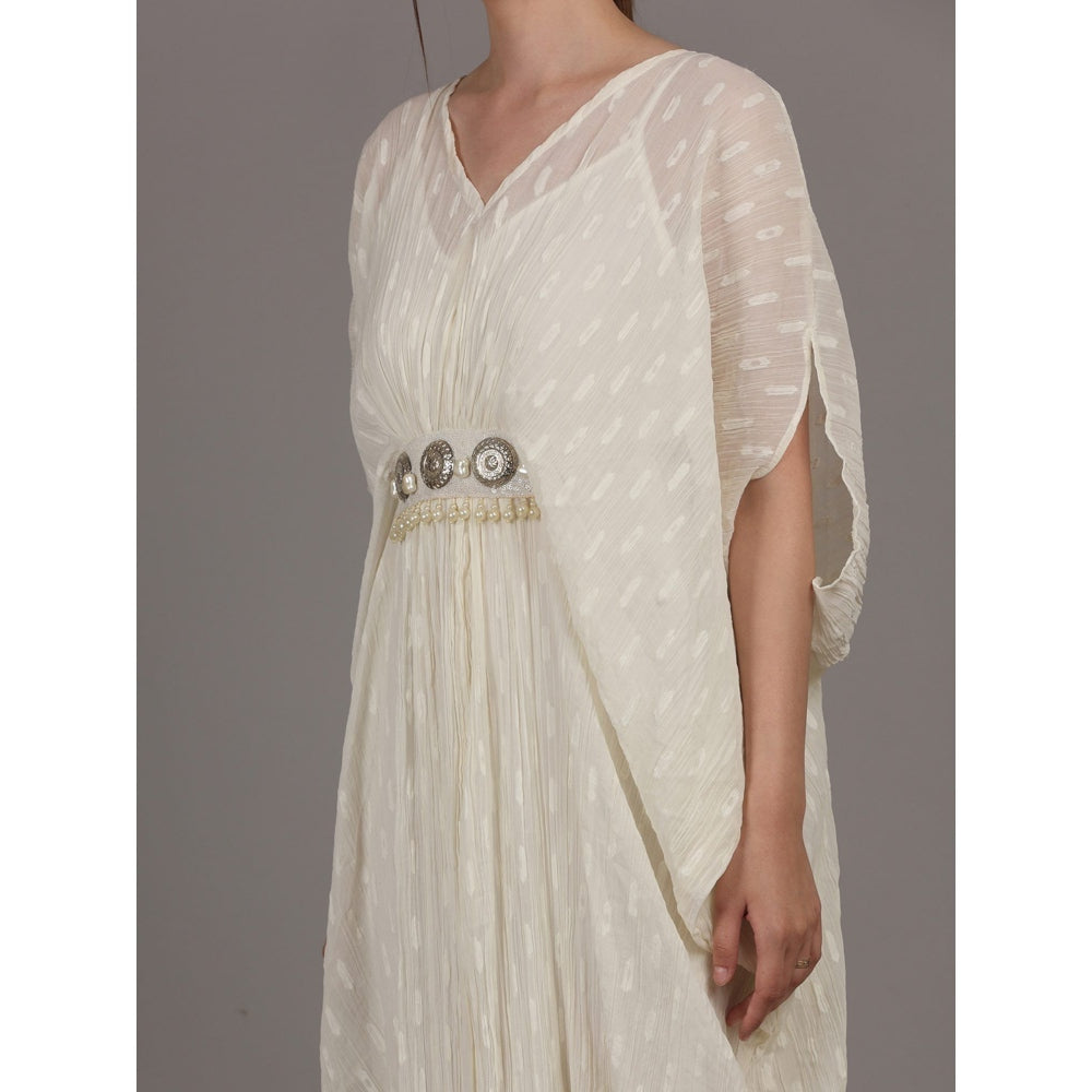 NAMAH BY PARUL MONGIA Off White Crinkle Cotton Chiffon Kaftan Dress with Slip (Set of 2)