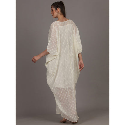 NAMAH BY PARUL MONGIA Off White Crinkle Cotton Chiffon Kaftan Dress with Slip (Set of 2)