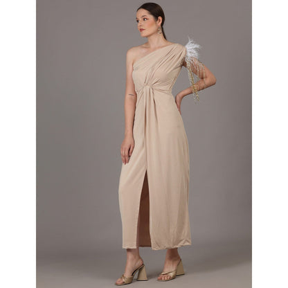 NAMAH BY PARUL MONGIA Sand Beige Lycra One Shoulder Maxi Dress