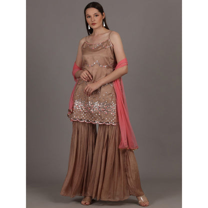 NAMAH BY PARUL MONGIA Dusty Brown Kurta with Sharara & Dupatta (Set of 3)