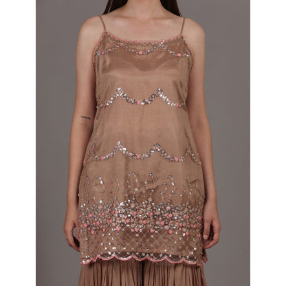 NAMAH BY PARUL MONGIA Dusty Brown Kurta with Sharara & Dupatta (Set of 3)