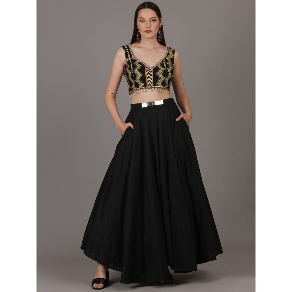 NAMAH BY PARUL MONGIA Black Astrid Print Crop Top with Silk Skirt (Set of 2)