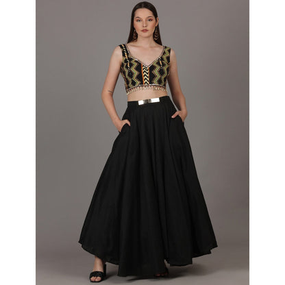 NAMAH BY PARUL MONGIA Black Astrid Print Crop Top with Silk Skirt (Set of 2)