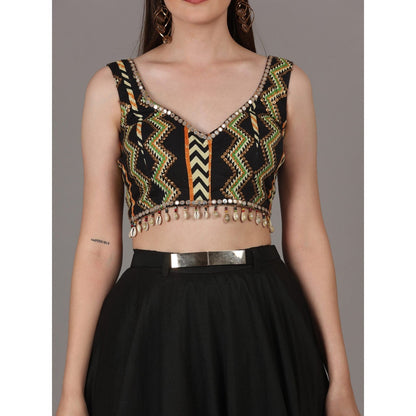 NAMAH BY PARUL MONGIA Black Astrid Print Crop Top with Silk Skirt (Set of 2)