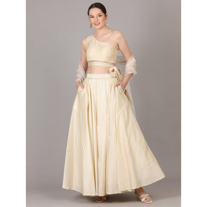 NAMAH BY PARUL MONGIA Cream One Shoulder Crop Top & Skirt with Dupatta (Set of 3)