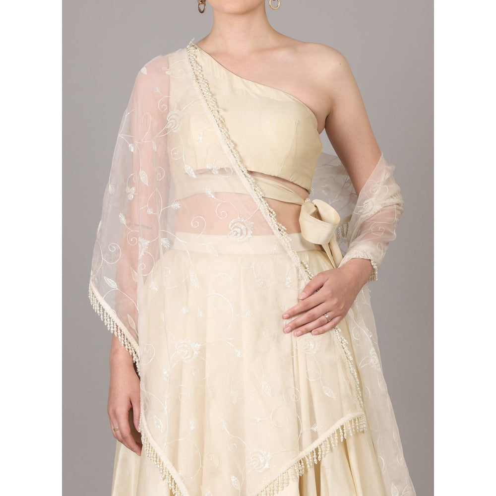 NAMAH BY PARUL MONGIA Cream One Shoulder Crop Top & Skirt with Dupatta (Set of 3)