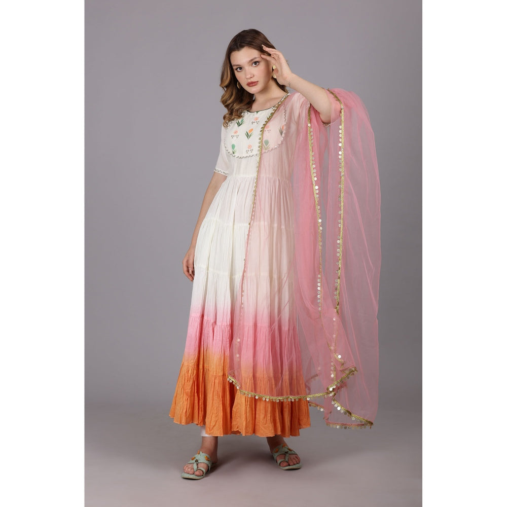 NAMAH BY PARUL MONGIA White Ombre Anarkali with Pant and Dupatta (Set of 3)