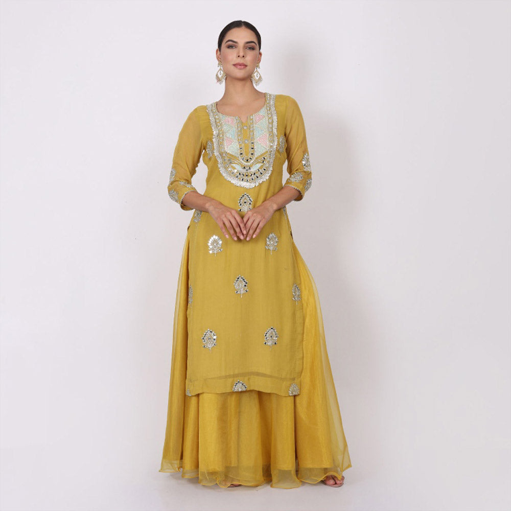 NAMAH BY PARUL MONGIA Yellow Mirror Work Kurta with Sharara and Dupatta (Set of 3)