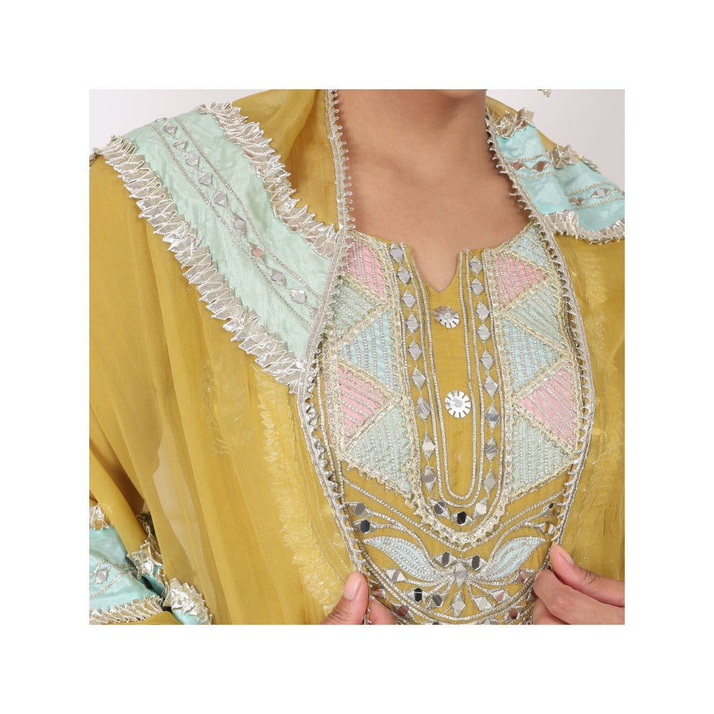 NAMAH BY PARUL MONGIA Yellow Mirror Work Kurta with Sharara and Dupatta (Set of 3)