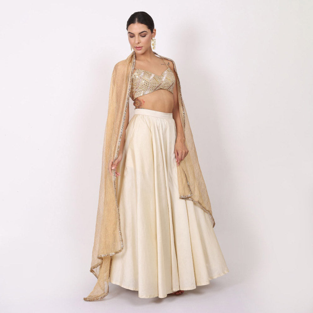 NAMAH BY PARUL MONGIA Ivory Silk Embroidered Blouse with Lehenga and Dupatta (Set of 3)