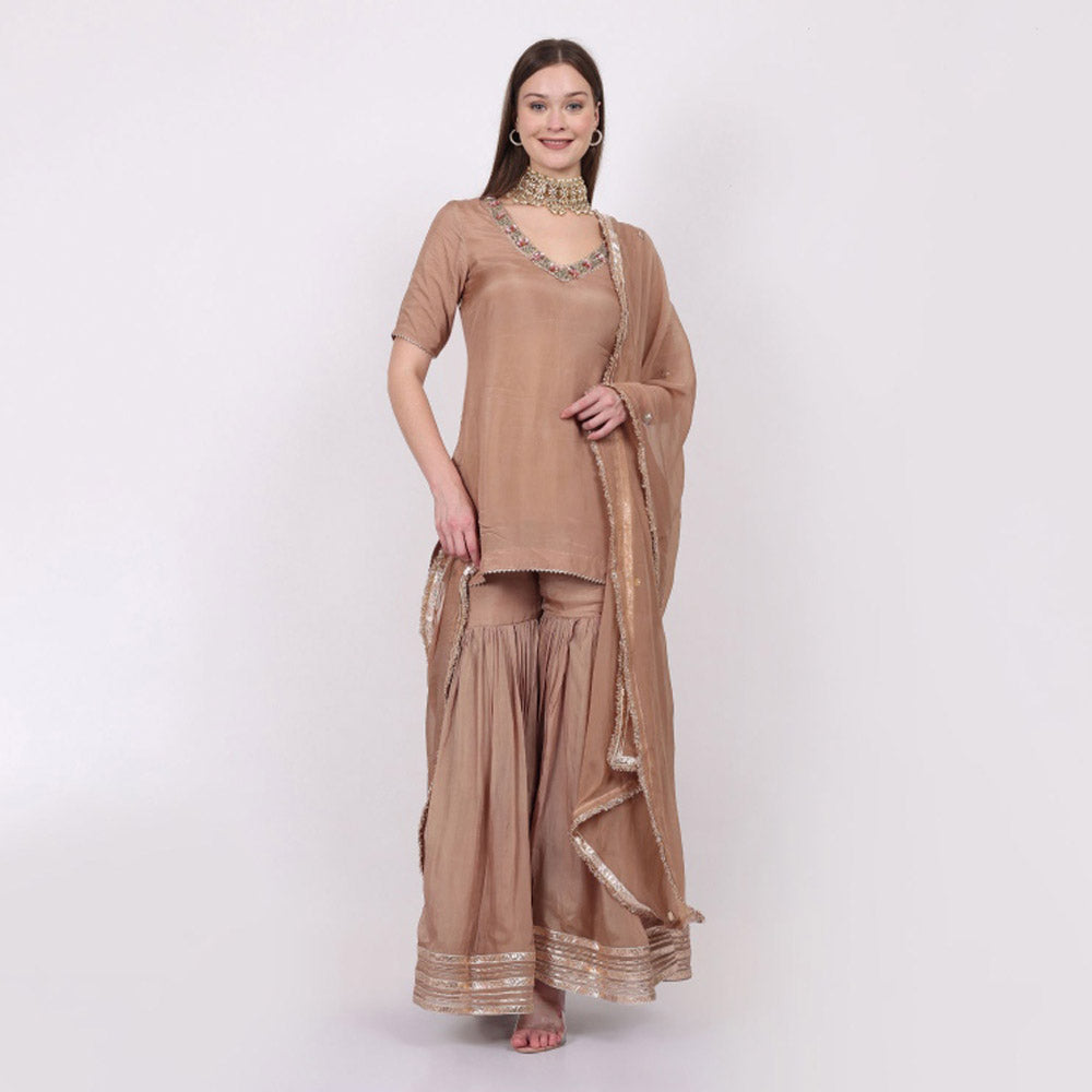 NAMAH BY PARUL MONGIA Beige Silk Embroidered Kurta with Sharara and Dupatta (Set of 3)