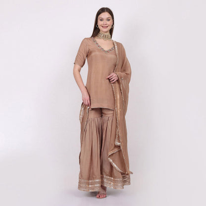 NAMAH BY PARUL MONGIA Beige Silk Embroidered Kurta with Sharara and Dupatta (Set of 3)